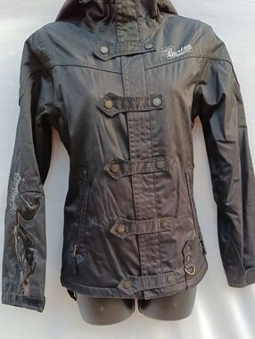 Burton Upcycled Black Snap buckle Hooded Snowboarding Jacket Bold Artwork